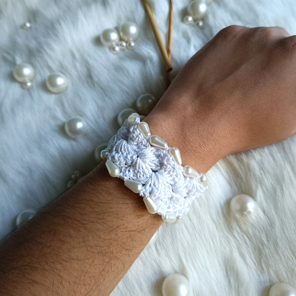 White beaded Bracelet - Handmade Crochet Designer Jewellery