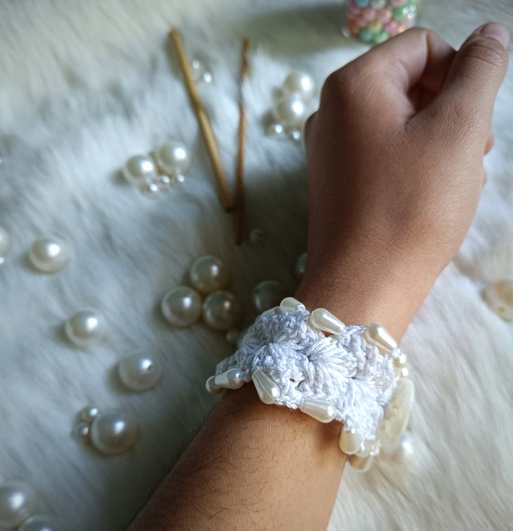 White beaded Bracelet - Handmade Crochet Designer Jewellery