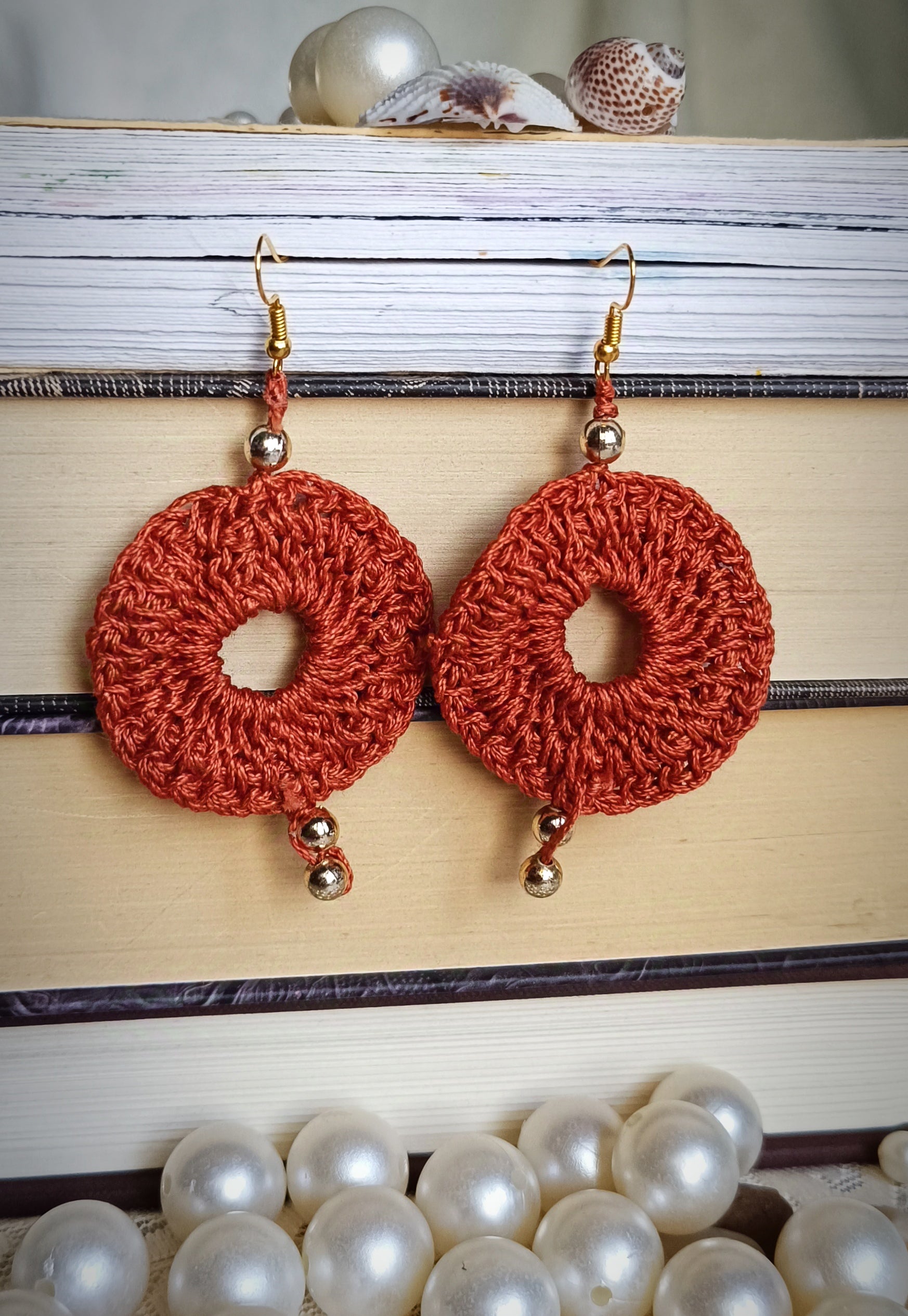 Copper Color Rounded Earrings - Handmade Crochet Dangling Earrings