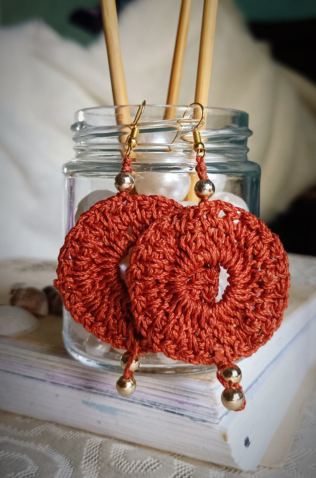 Copper Color Rounded Earrings - Handmade Crochet Dangling Earrings