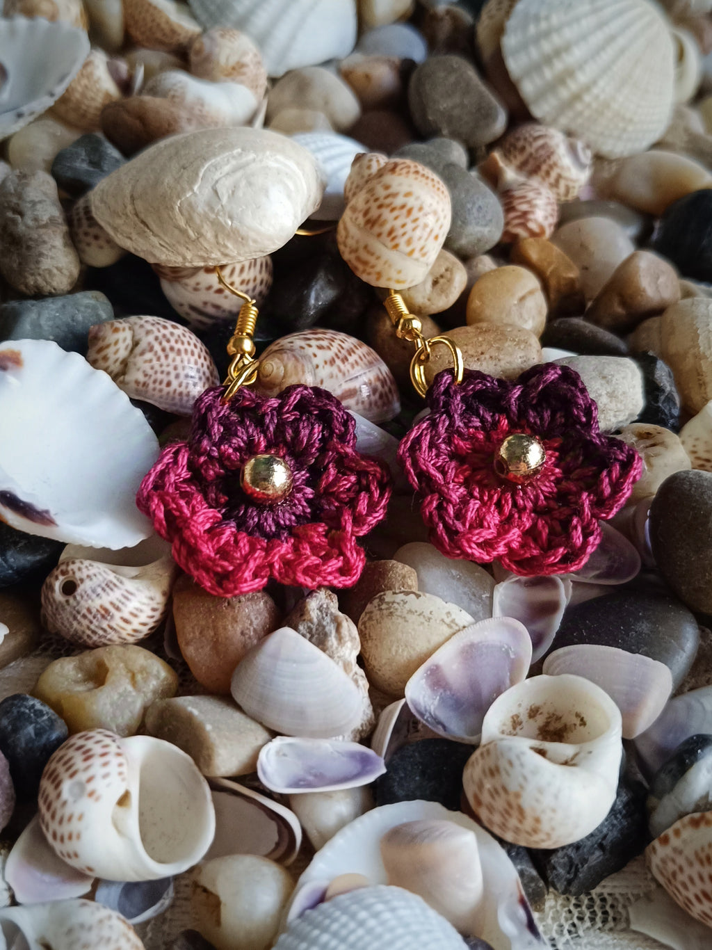 Flower Dangling Earrings - Handmade Crochet Maroon Jewellery