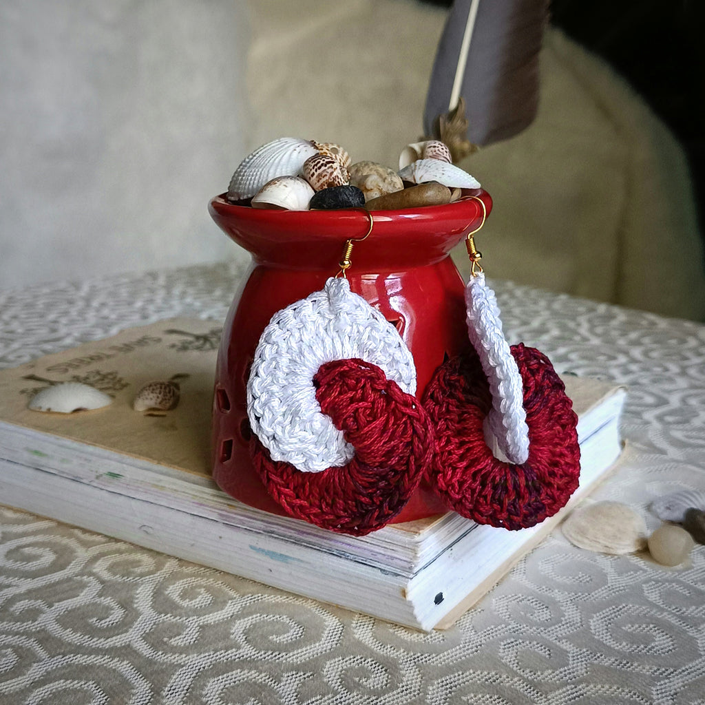 Maroon & White Earrings - Handmade Crochet Dangling Jewellery