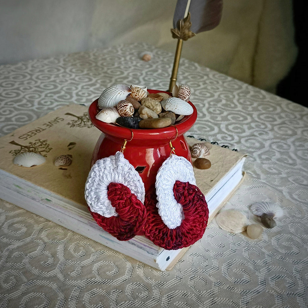 Maroon & White Earrings - Handmade Crochet Dangling Jewellery