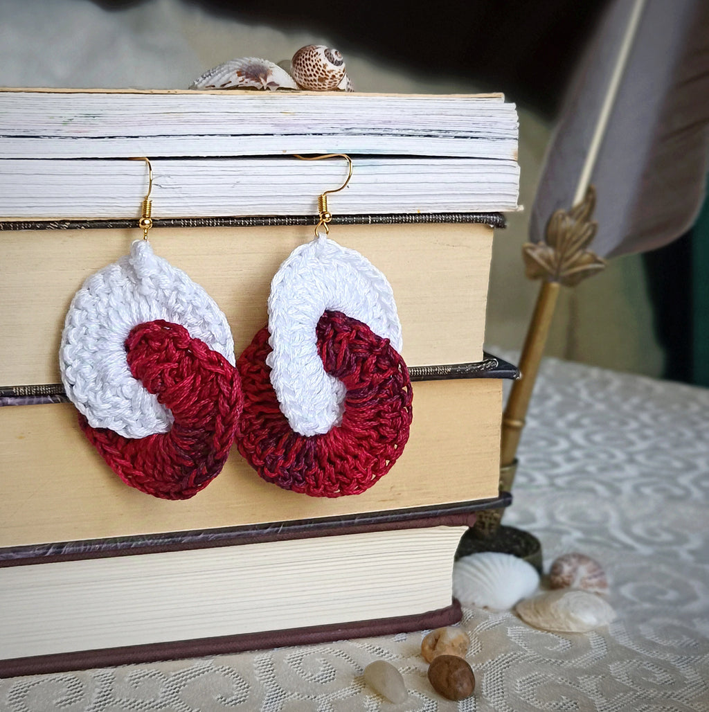 Maroon & White Earrings - Handmade Crochet Dangling Jewellery